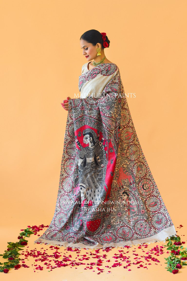 'SUNDARI' Handpainted Madhubani Tussar Silk Saree Blouse Set
