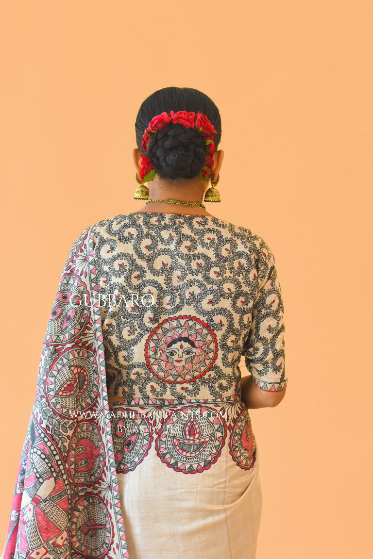 'SUNDARI' Handpainted Madhubani Tussar Silk Saree Blouse Set
