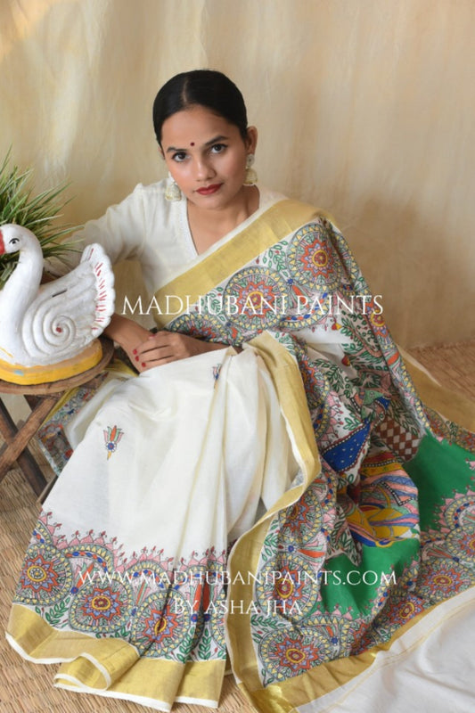 'VRINDAVAN KRISHNA' Handpainted Madhubani Cotton Saree