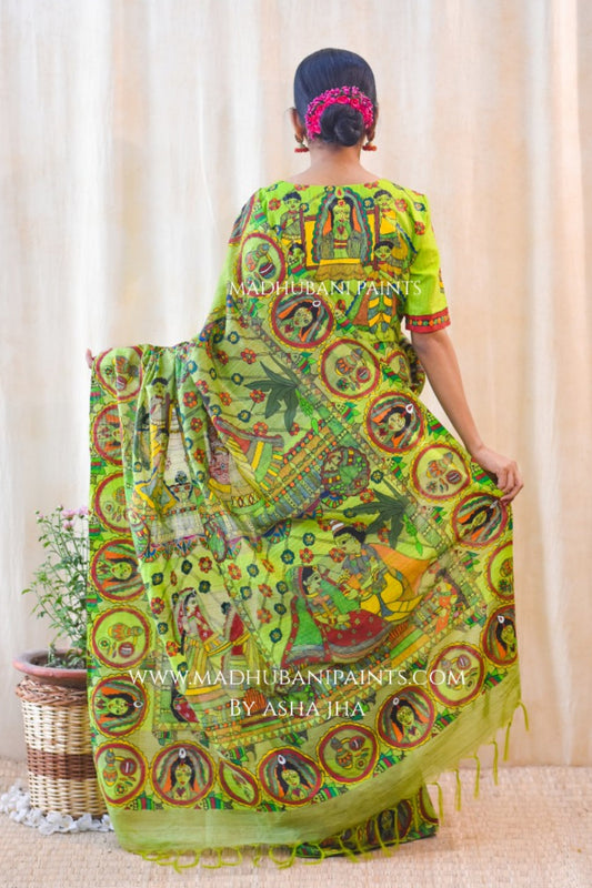 'Bengali Wedding' Handpainted Madhubani Chanderi Silk Saree