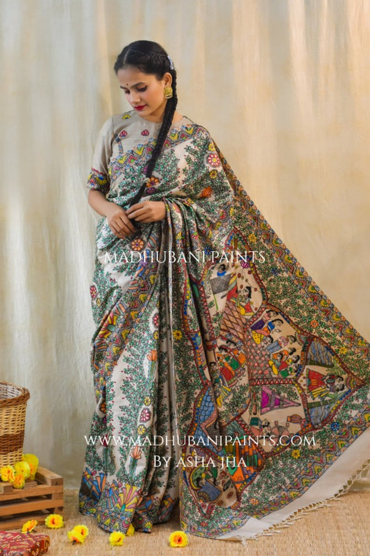 'KAHANI PADMA KI' Handpainted Madhubani Tussar Silk Saree