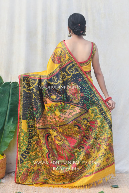 'GOVARDHAN' Handpainted Madhubani Tussar Silk Saree