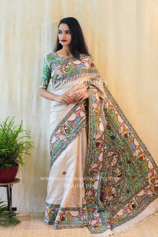 'MANORATH' Handpainted Madhubani Tussar Silk Saree