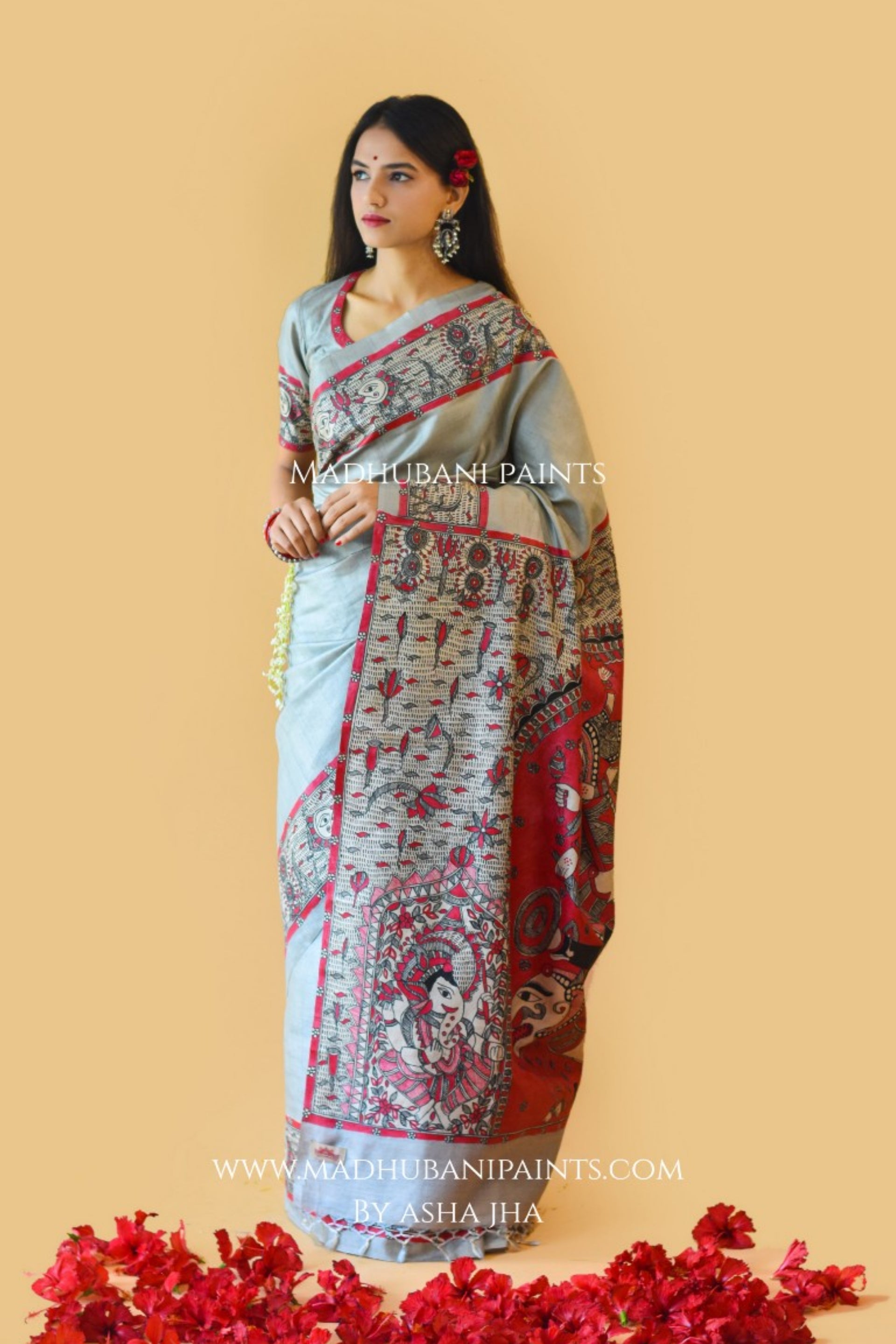 'RAJESHWARI' Handpainted Madhubani Tussar Silk Saree Blouse set ...