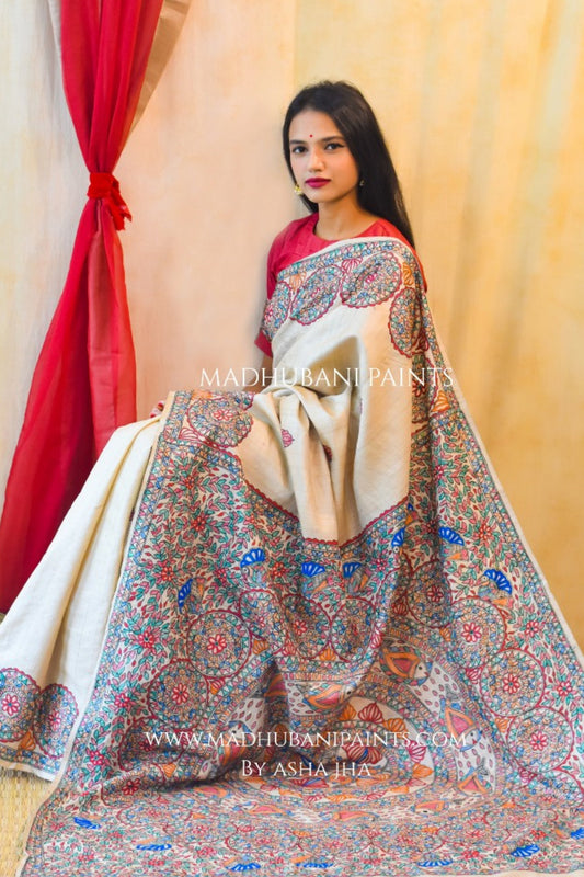 'MATSYA NRITYA' Handpainted Madhubani Tussar Silk Saree