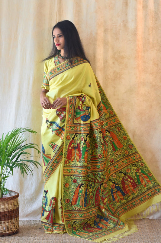 'CHUMAUN' Handpainted Madhubani Bishnupuri Silk Saree