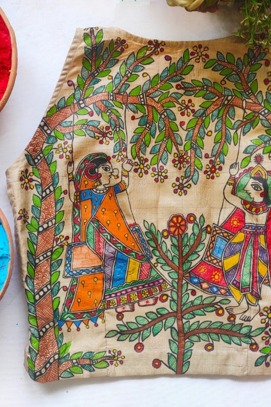 'Jhule Nand Lal sang Radha Rani' Madhubani Hand Painted Blouse