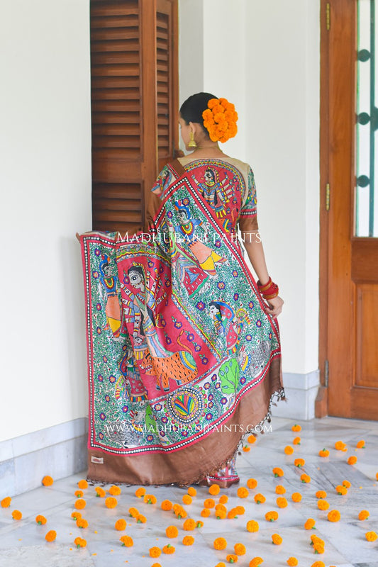 SHAMBHAVI Handpainted Madhubani Tussar Silk Saree Blouse Set