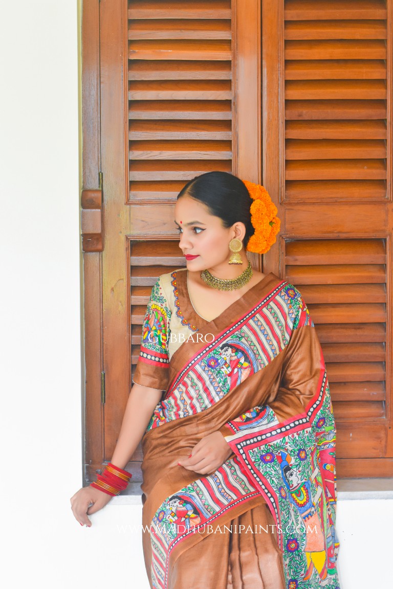 SHAMBHAVI Handpainted Madhubani Tussar Silk Saree Blouse Set