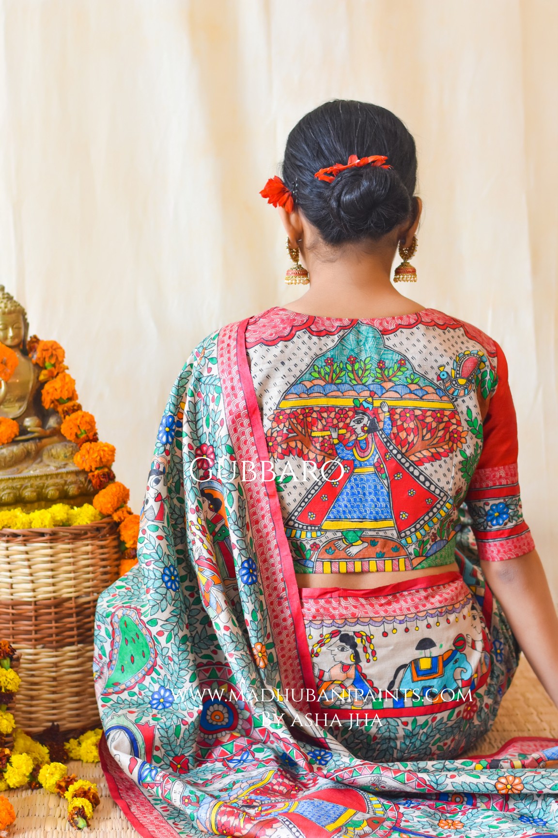 'Krishna Kohbar' Handpainted Madhubani Tussar Silk Blouse