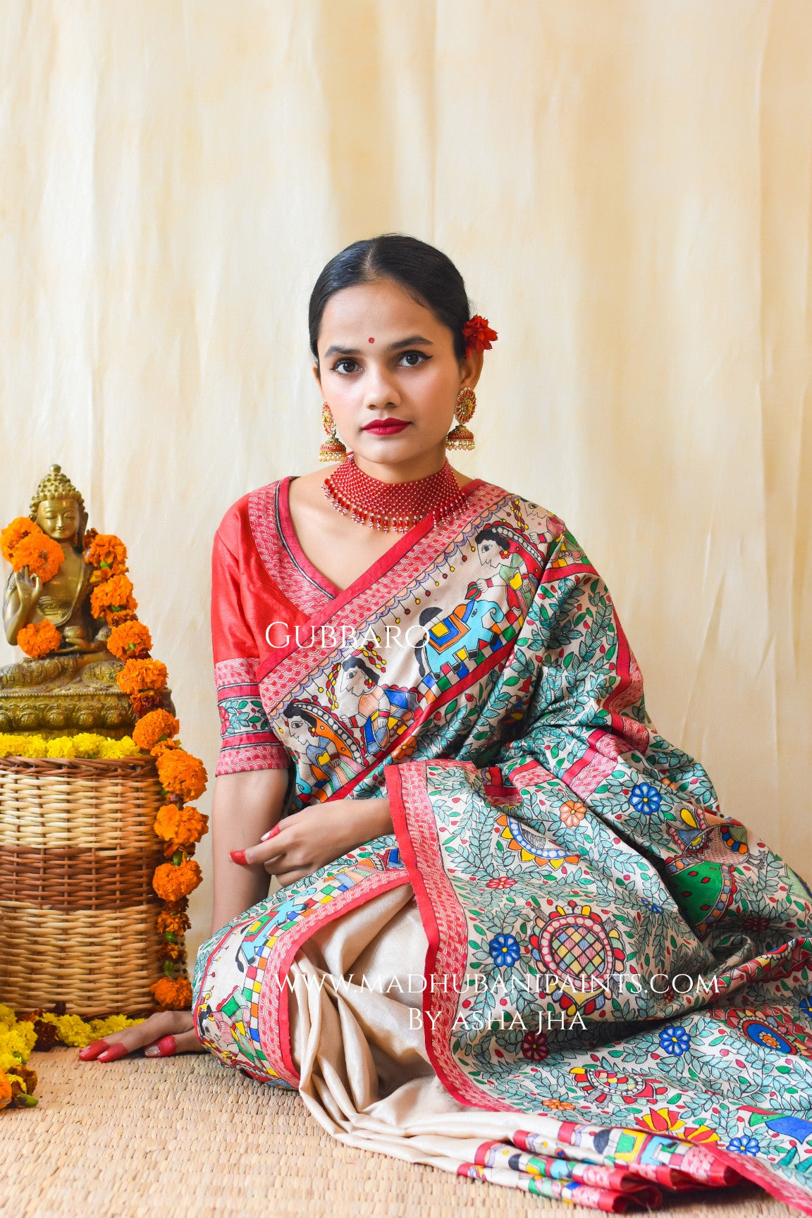 'Krishna Kohbar' Handpainted Madhubani Tussar Silk Blouse