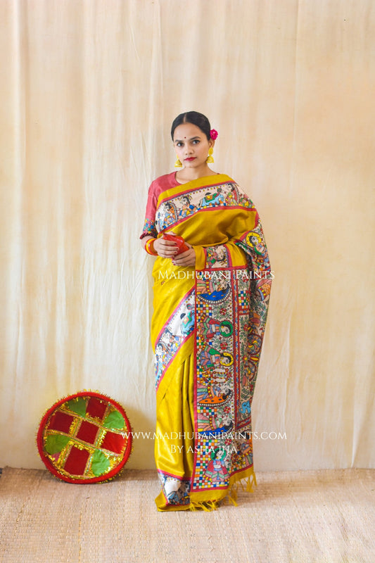 Mithila Kohbar Hand Painted Madhubani Tussar Silk Saree Blouse