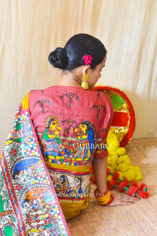 MITHILA KOHBAR" Hand Painted Madhubani Tussar Silk Blouse