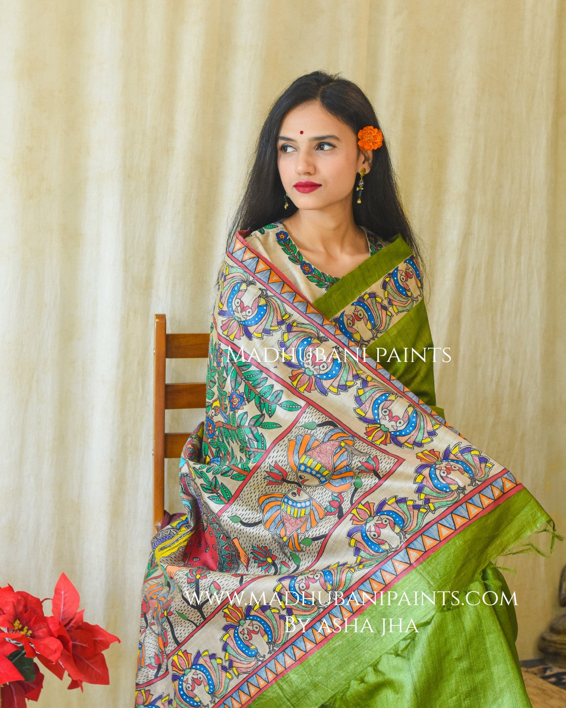 RADHA SANG KRISHNA Handpainted Madhubani Tussar Silk Saree Blouse