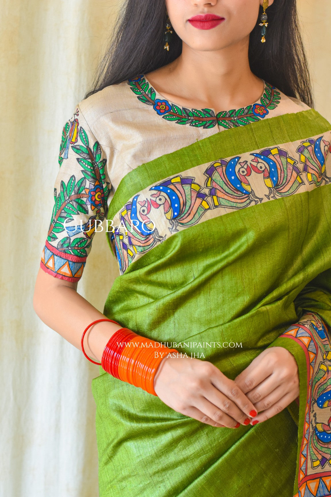 RADHA SANG KRISHNA Handpainted Madhubani Tussar Silk Saree Blouse