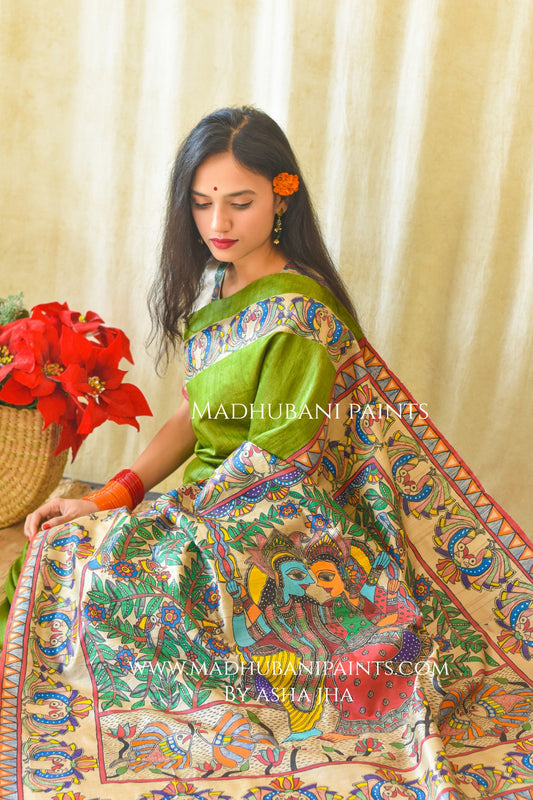RADHA SANG KRISHNA Handpainted Madhubani Tussar Silk Saree Blouse