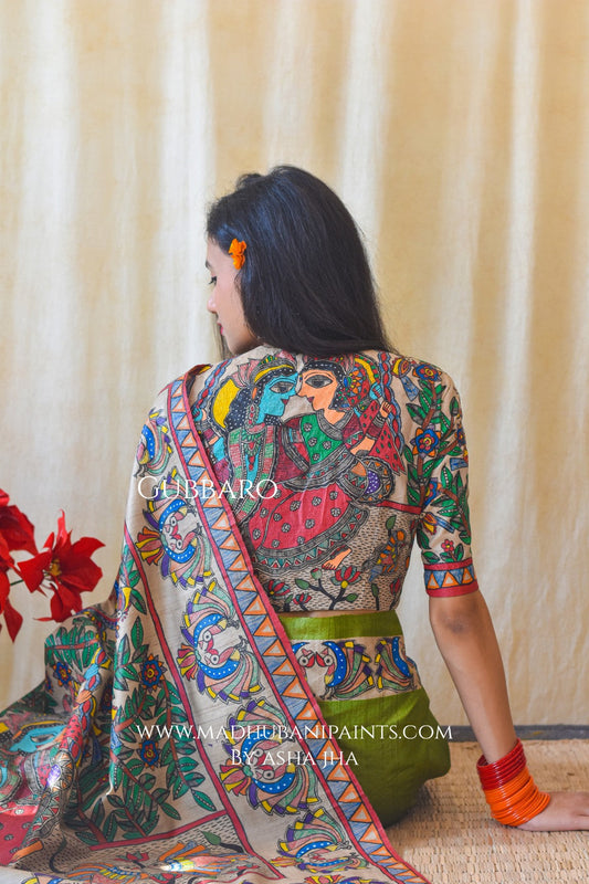 RADHA SANG KRISHNA Handpainted Madhubani Tussar Silk Saree Blouse