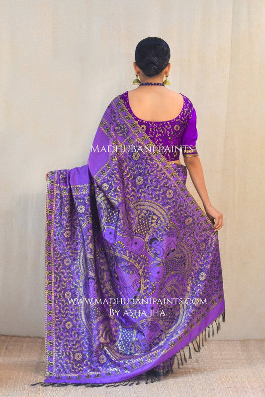 BAIGNI HAATHI Madhubani Handpainted Bishnupuri Silk Saree Blouse Set