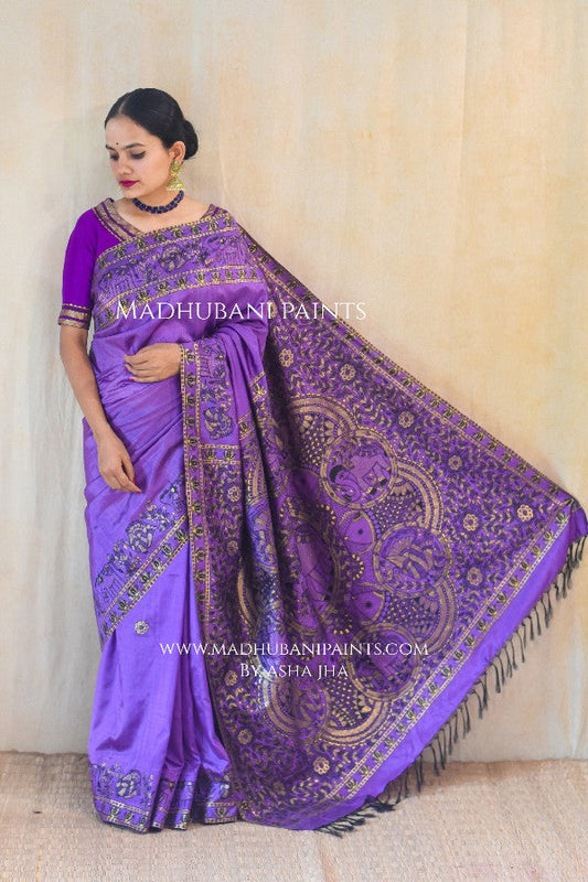 BAIGNI HAATHI Madhubani Handpainted Bishnupuri Silk Saree Blouse Set