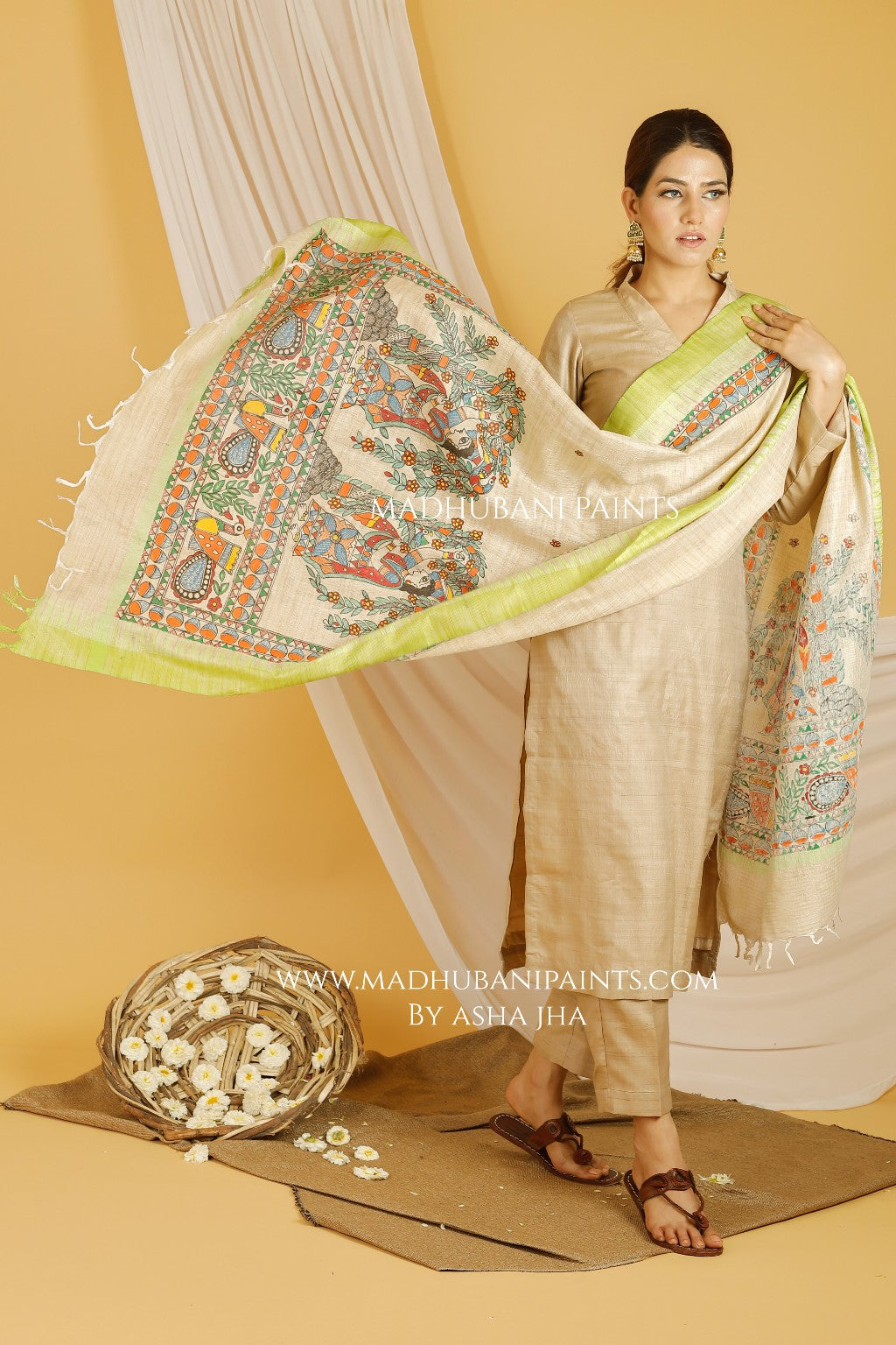 Lady In Garden Madhubani Handpainted Pure Handloom Cotton Dupatta