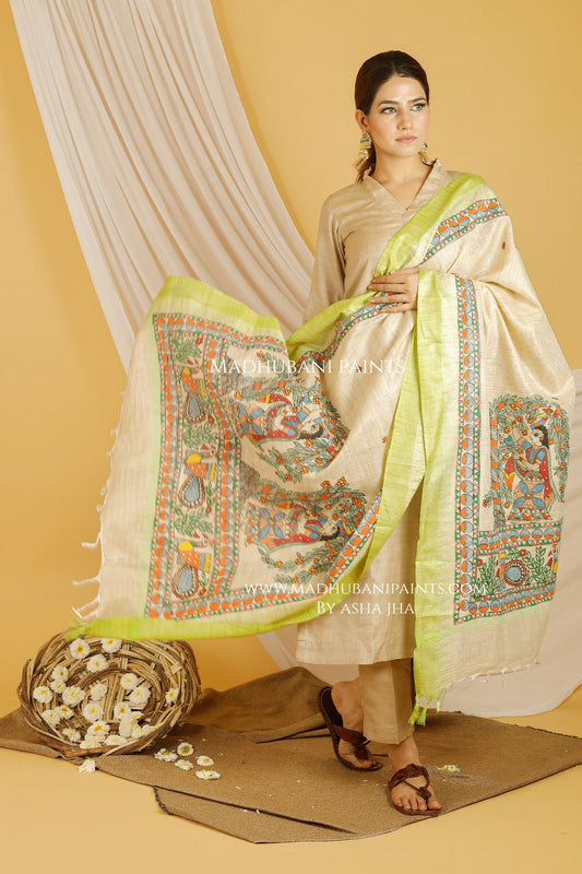 Lady In Garden Madhubani Handpainted Pure Handloom Cotton Dupatta