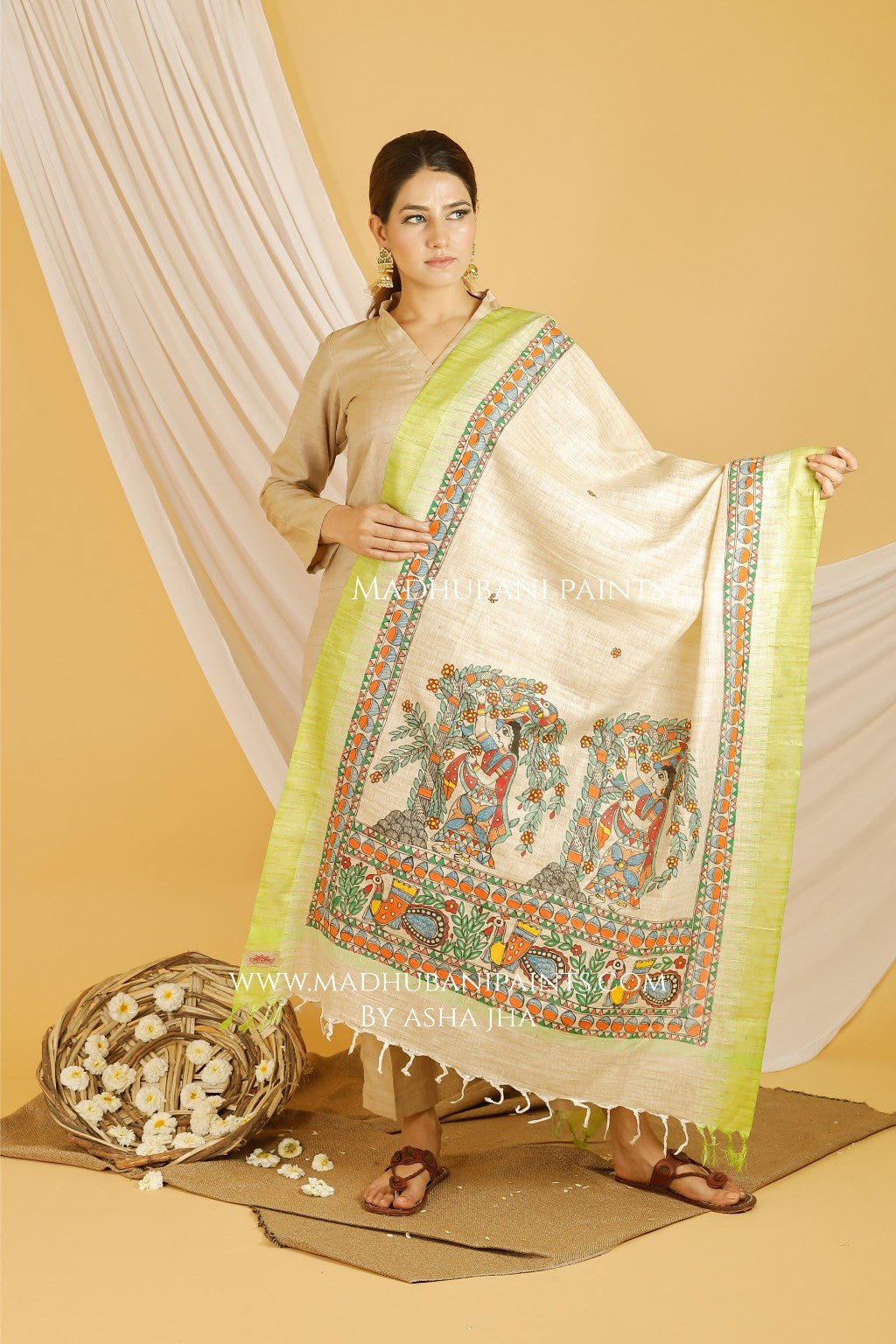 Lady In Garden Madhubani Handpainted Pure Handloom Cotton Dupatta