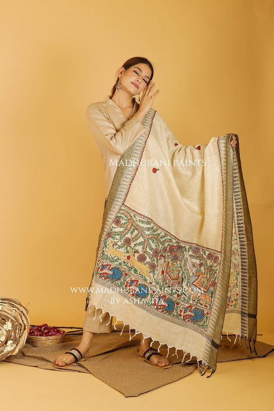 Ele Vrindavan Madhubani Handpainted Pure Handwoven Cotton Dupatta