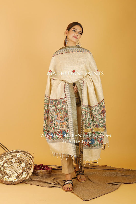 Ele Vrindavan Madhubani Handpainted Pure Handwoven Cotton Dupatta