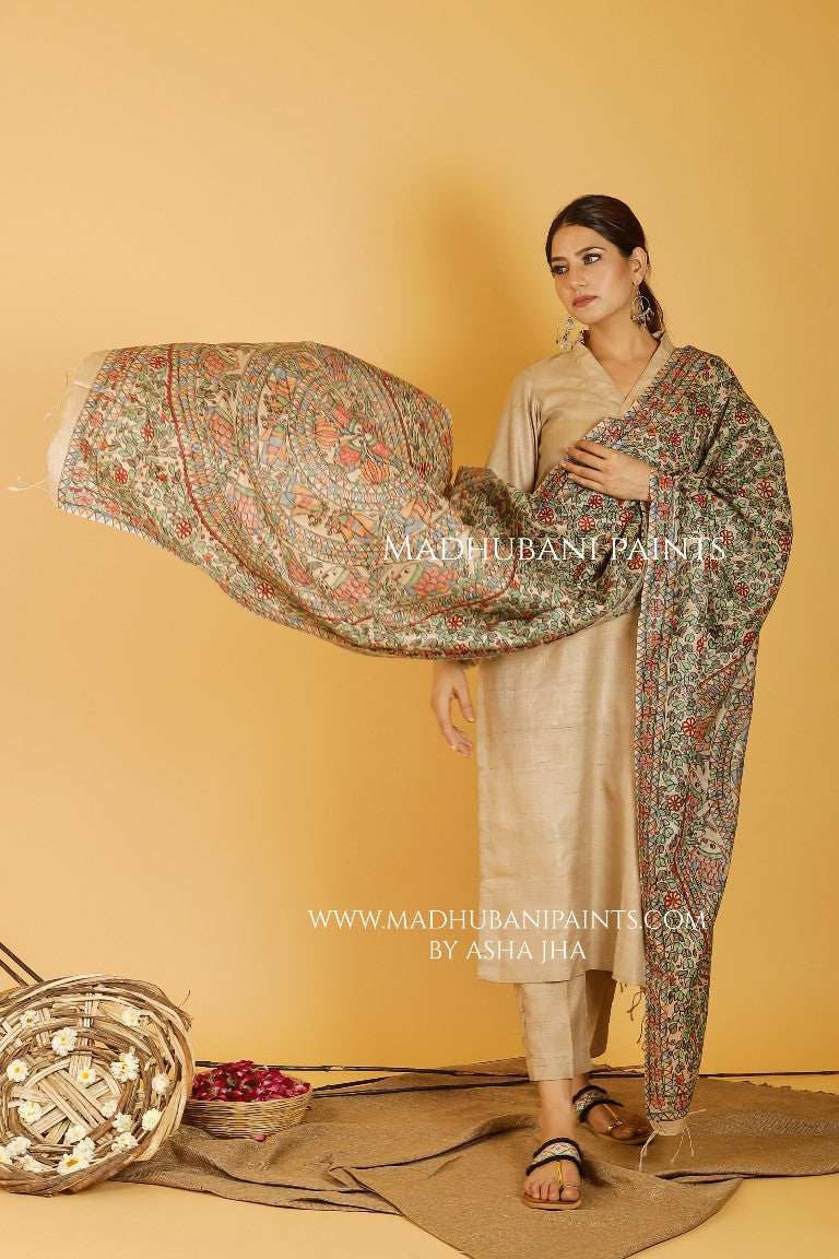 Mithila Prakriti Leela Madhubani Handpainted Pure Handwoven Tussar Silk Dupatta