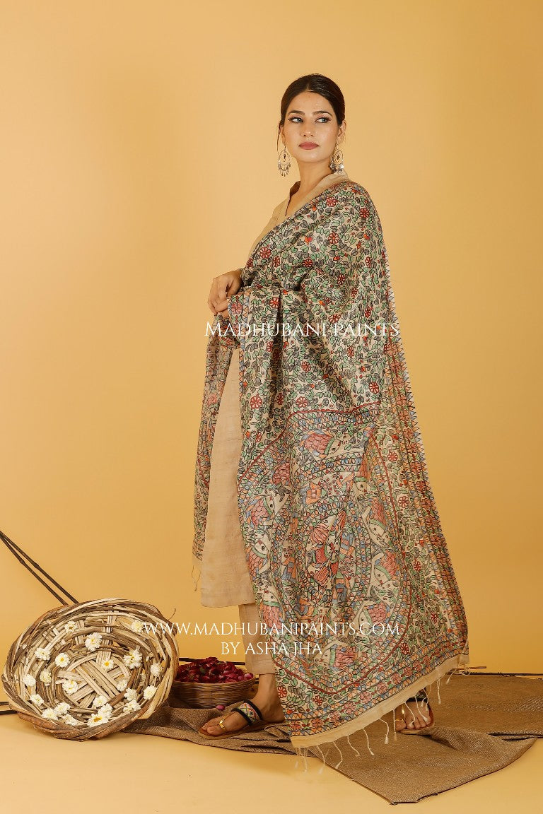 Mithila Prakriti Leela Madhubani Handpainted Pure Handwoven Tussar Silk Dupatta