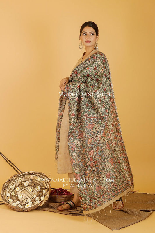 Mithila Prakriti Madhubani Handpainted Pure Handwoven Tussar Silk Dupatta