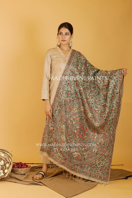 Mithila Prakriti Madhubani Handpainted Pure Handwoven Tussar Silk Dupatta