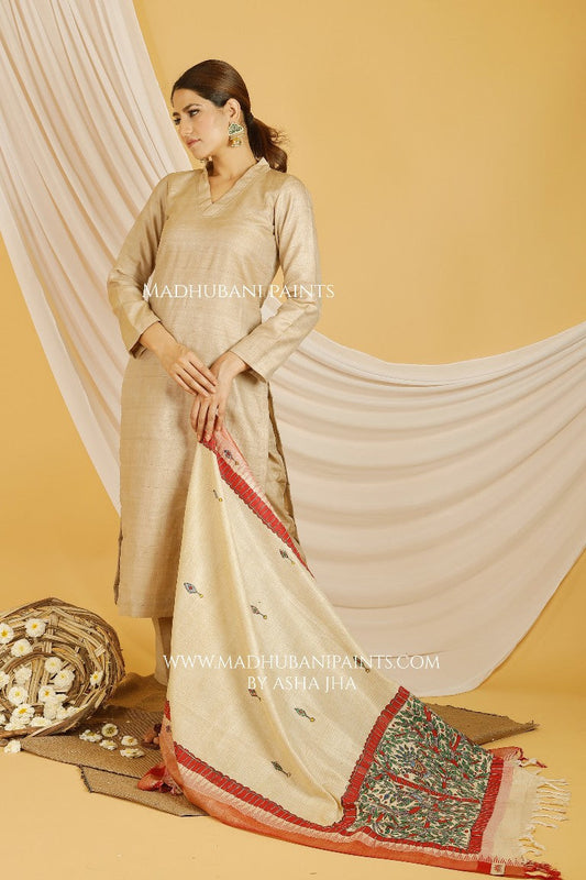 Mayuri Madhubani Handpainted Pure Handloom Cotton Dupatta
