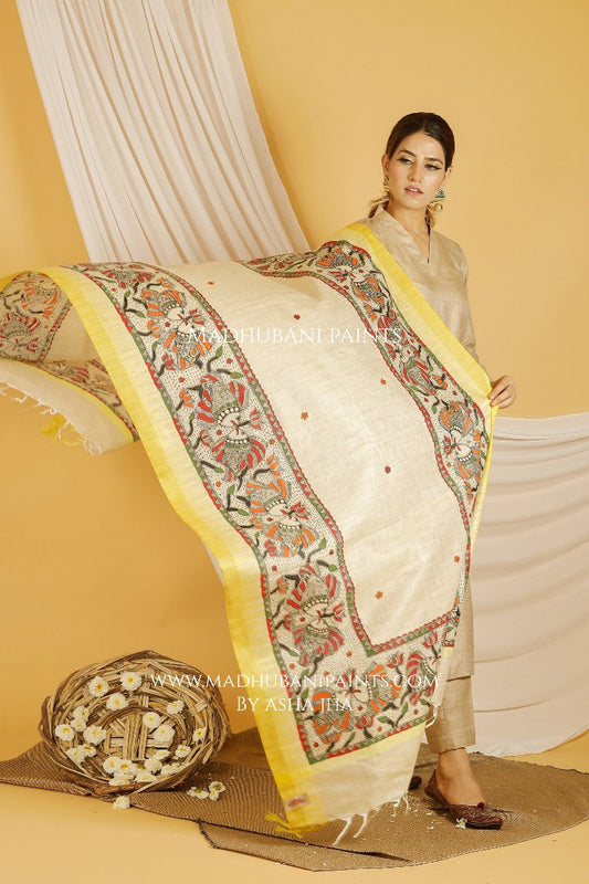 Matsya Madhubani Handpainted Pure Handloom Cotton Dupatta