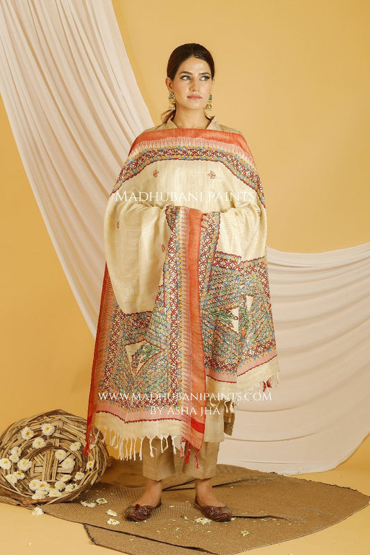 Mithila Border Madhubani Handpainted Pure Handloom Cotton Dupatta