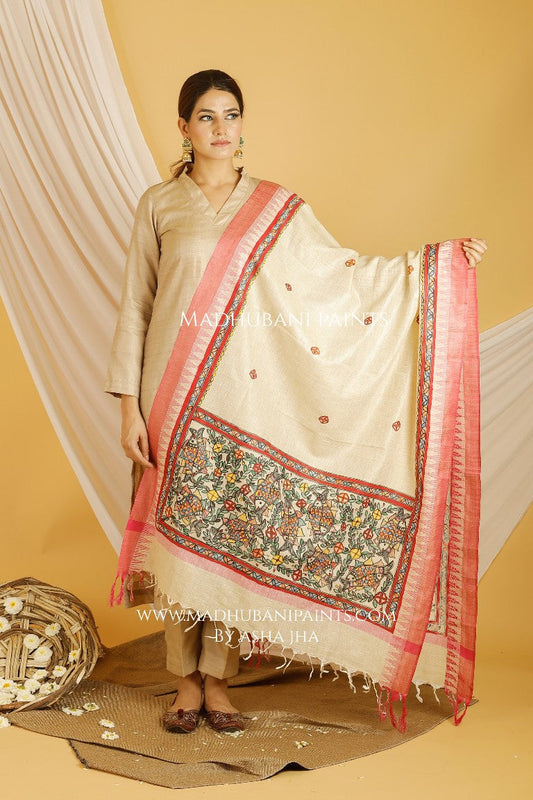 Mithila Border Madhubani Handpainted Pure Handloom Cotton Dupatta
