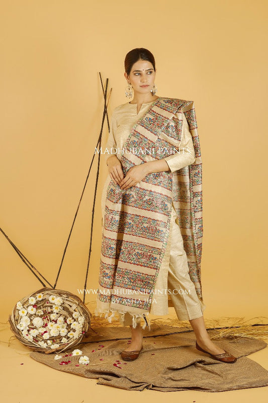 Mayuri Katha Madhubani Handpainted Pure Handwoven Tussar Silk Dupatta