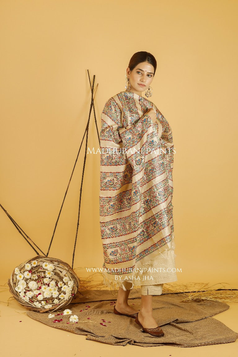 Mayuri Katha Madhubani Handpainted Pure Handwoven Tussar Silk Dupatta