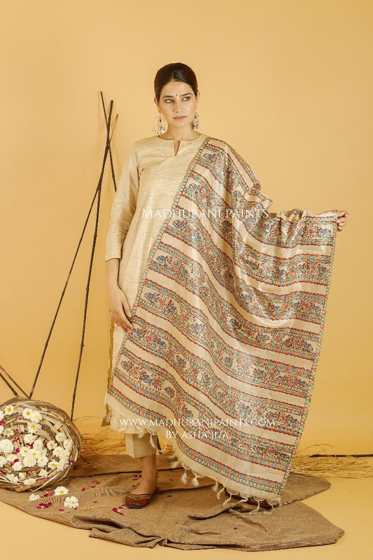 Mayuri Katha Madhubani Handpainted Pure Handwoven Tussar Silk Dupatta
