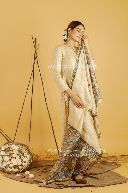 Matsya Leela Madhubani Handpainted Pure Handwoven Tussar Silk Dupatta