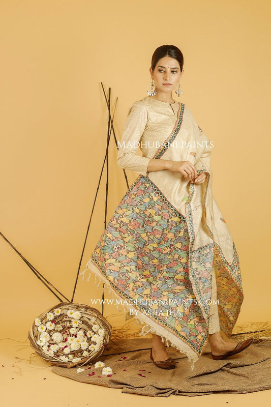 Matsya Leela Madhubani Handpainted Pure Handwoven Tussar Silk Dupatta