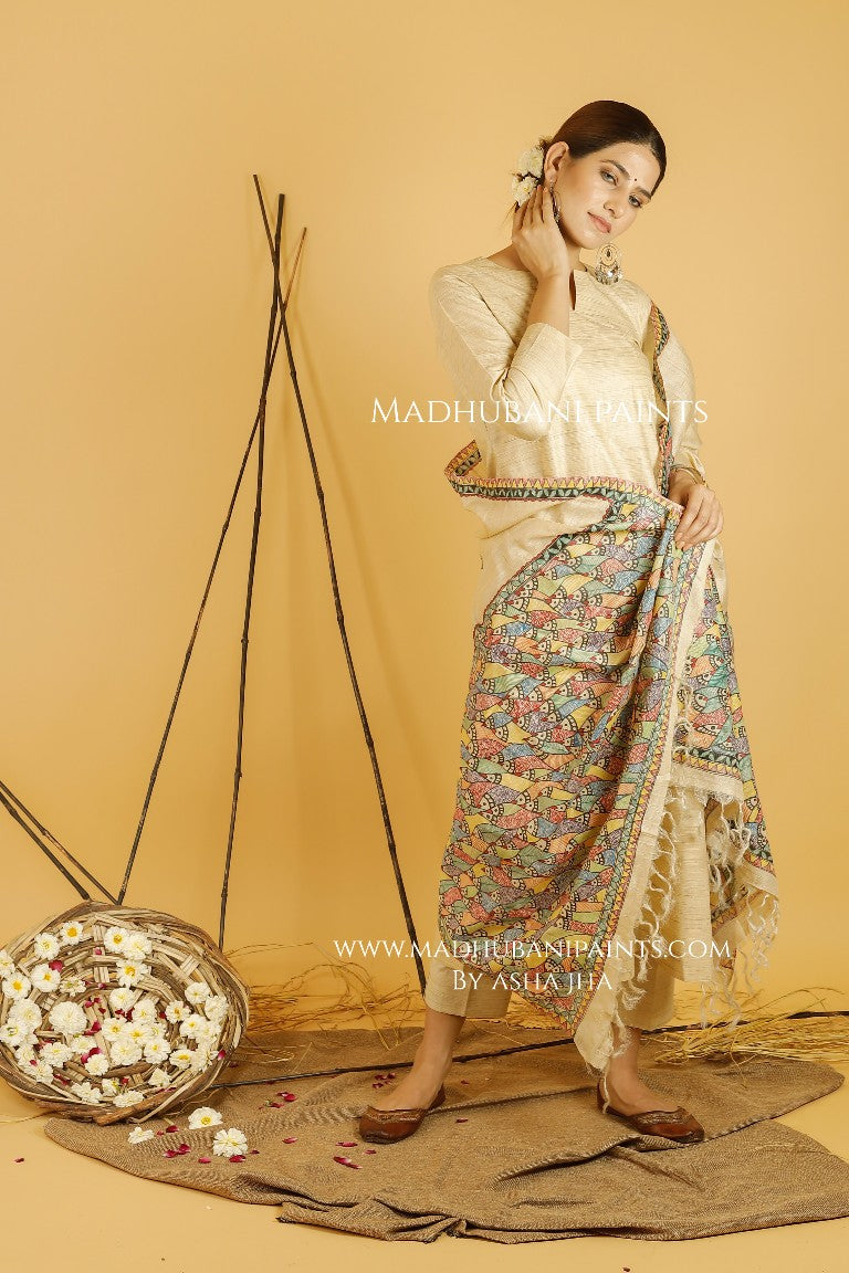 Matsya Leela Madhubani Handpainted Pure Handwoven Tussar Silk Dupatta