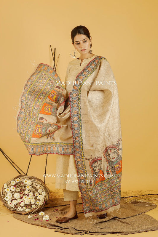 Maa Durga Madhubani Handpainted Pure Handwoven Tussar Silk Dupatta