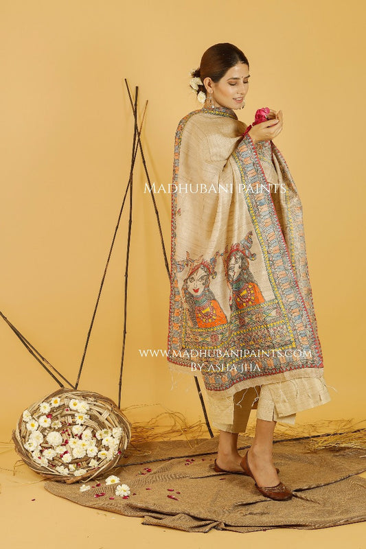 Maa Durga Madhubani Handpainted Pure Handwoven Tussar Silk Dupatta