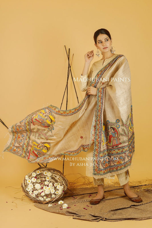 Radha Krishna Love Madhubani Handpainted Pure Handwoven Tussar Silk Dupatta