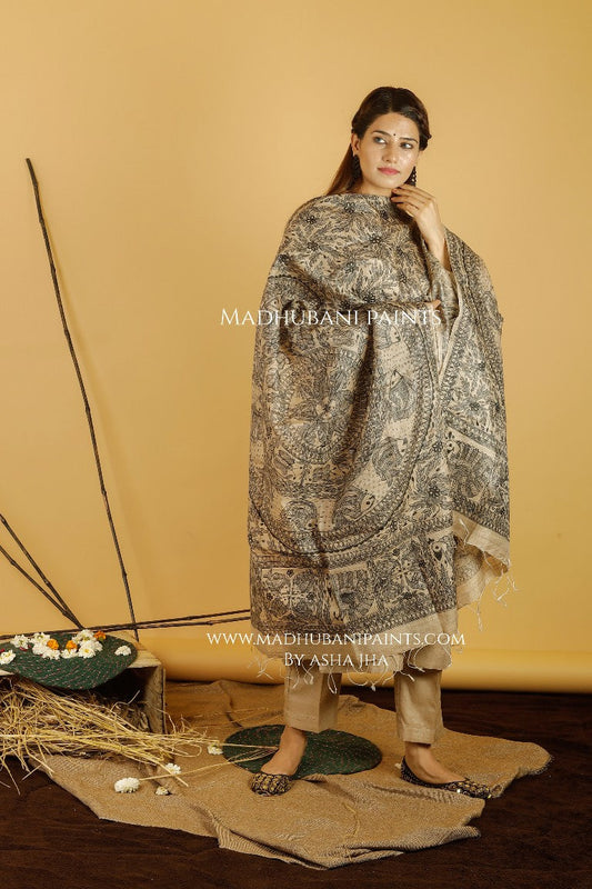 Mayuri Matsya Mandara Madhubani Handpainted Pure Handwoven Tussar Silk Dupatta