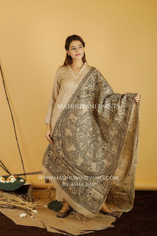 Mayuri Matsya Mandara Madhubani Handpainted Pure Handwoven Tussar Silk Dupatta