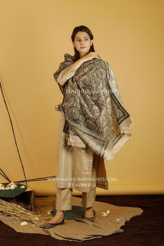 Mayuri Kamal Madhubani Handpainted Pure Handwoven Tussar Silk Dupatta