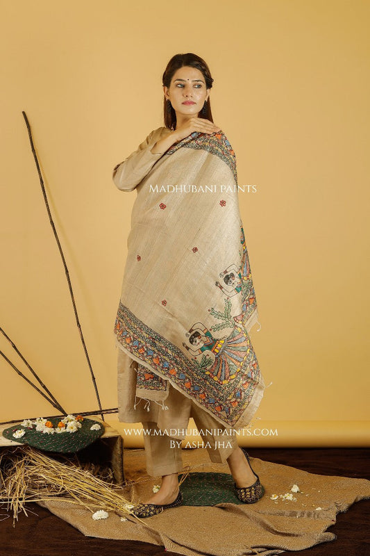 Mithila Gudiya Madhubani Handpainted Pure Handwoven Tussar Silk Dupatta