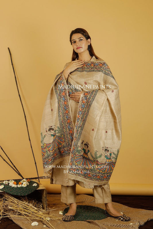 Mithila Gudiya Madhubani Handpainted Pure Handwoven Tussar Silk Dupatta